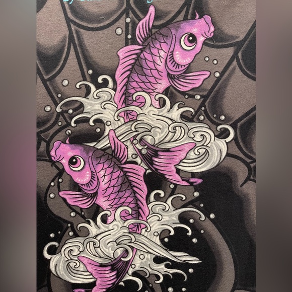 Ed Hardy Shirt Vintage Y2K Size Small Rhinestone Skull Koi Fish Rare Multi Print - Picture 16 of 16